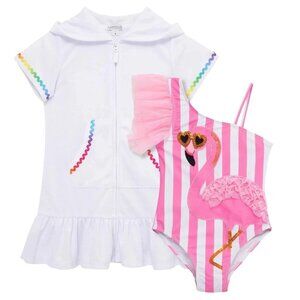 FlapDoodles Toddler Girls Size 2T One Piece Flamingo Swimsuit & Terry Coverup NW